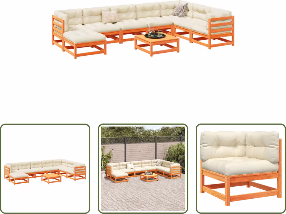 The Living Store Set di divani da giardino 9 pezzi con cuscini in legno di pino marrone cera