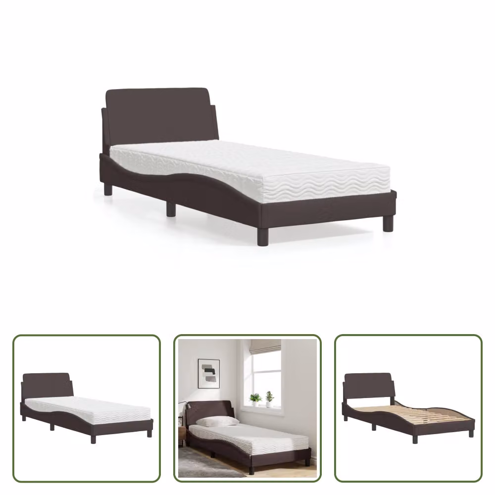 The Living Store Letto con materasso in tessuto marrone scuro 90x190 cm