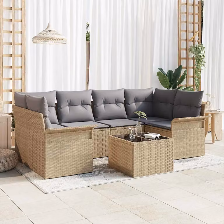 Set Divano da Giardino a L vidaXL 7 Pezzi Beige con Tavolino e Cuscini in Rattan e Acciaio