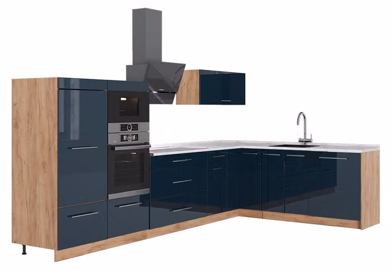 Cucina angolare completa Vicco Fame-Line Blu scuro lucido/Rovere dorato 347 x cm, PL Marmo, Model 65717