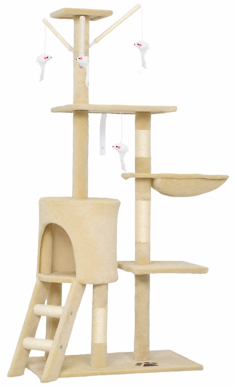 Albero per gatti con casetta, 4 giocattoli e sisal | Colore: Beige | Dimensioni: 60x35x134 cm