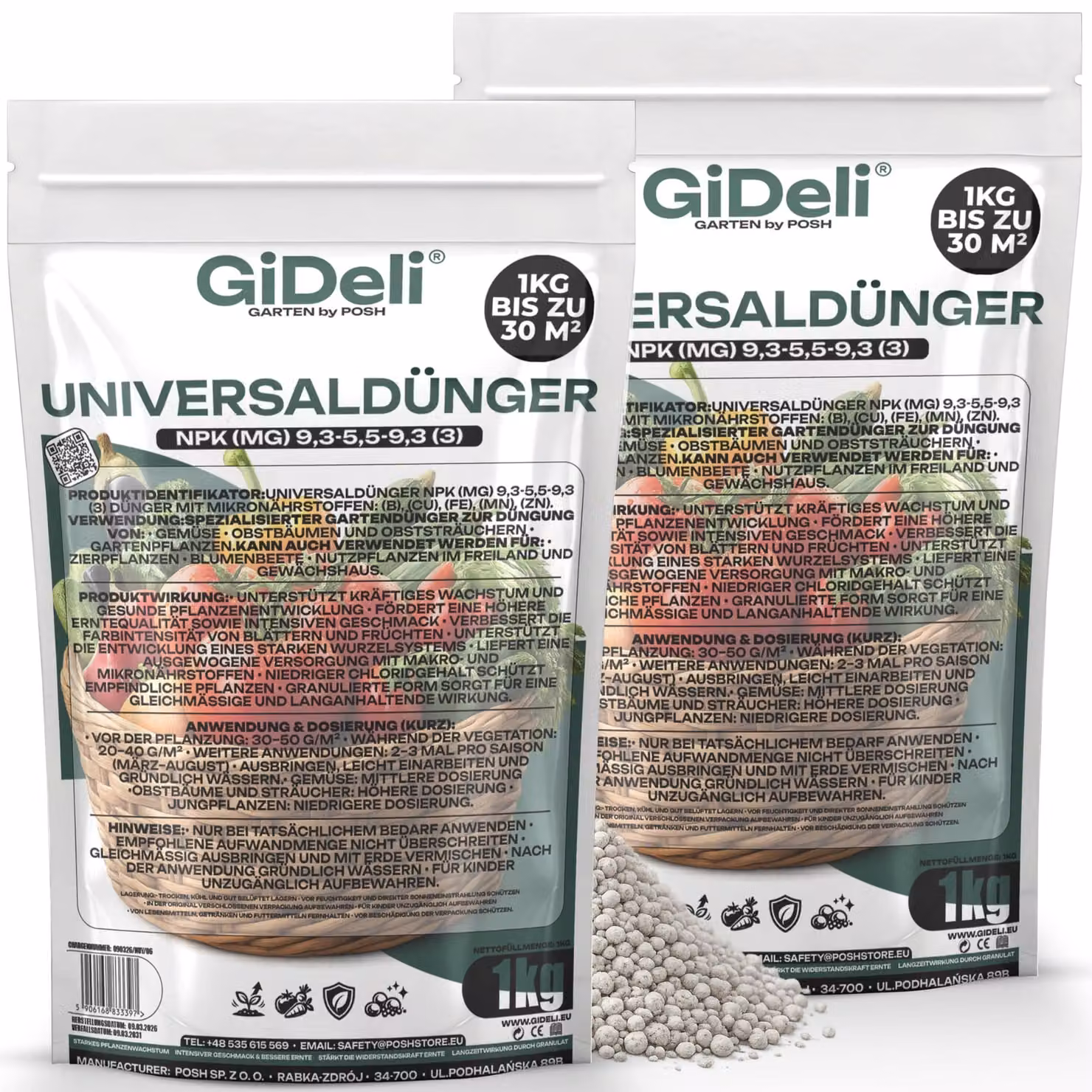Concime universale 2 kg, fertilizzante per giardino, a basso contenuto di cloruri, adatto per ortaggi e frutta, a lenta cessione. GiDeli