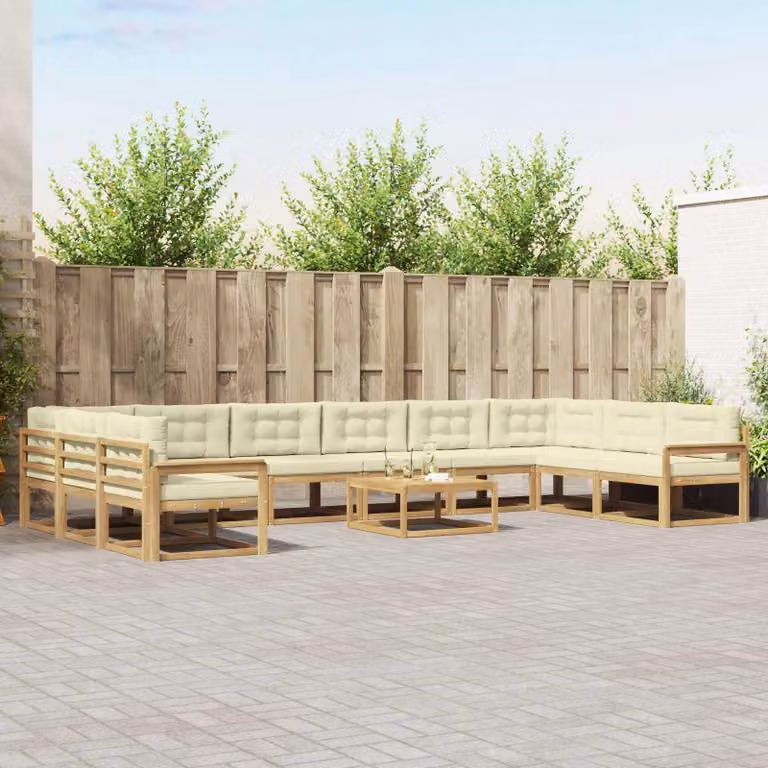 Set di divani da esterno vidaXL 11 pezzi in legno di acacia con cuscini, colore bianco, beige e marrone