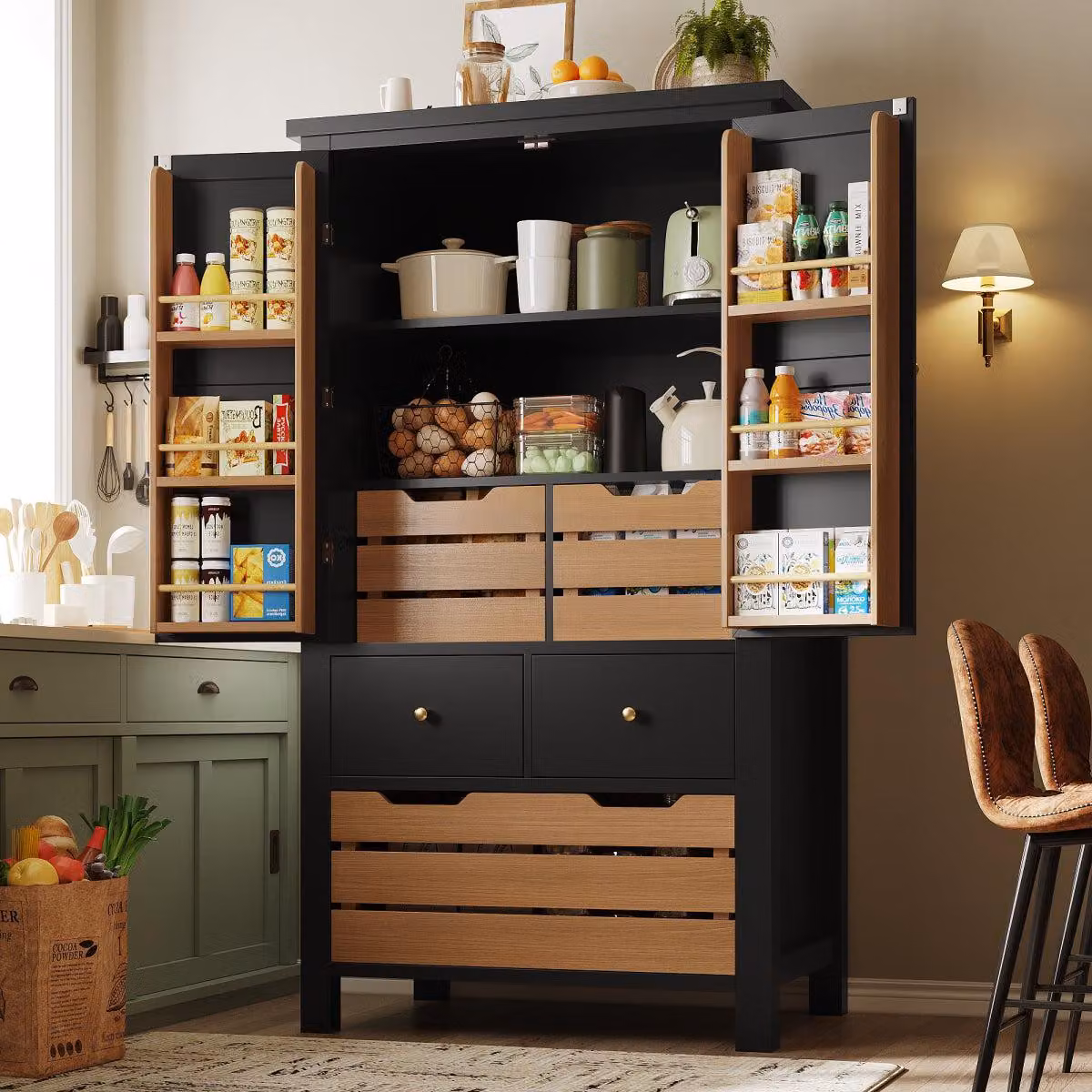 Mobile da cucina alto 140 cm, mobile buffet con 2 ante e 5 cassetti, mobile multiuso nero, mobile credenza con protezione antiribaltamento, 80x40cm