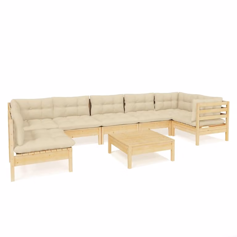 Set Salotto da Giardino 8 pz con Cuscini Crema in Legno di Pino
