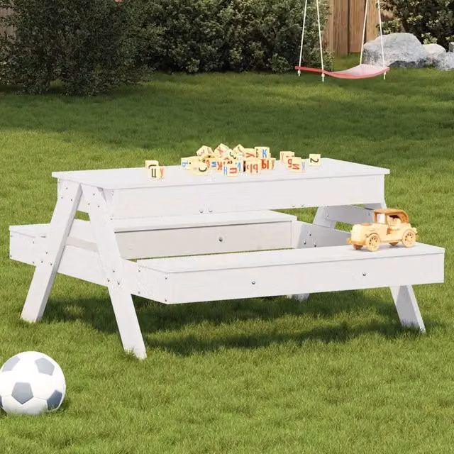 Tavolo Picnic con Sabbiera Bambini Bianco Legno Massello Pino 832593