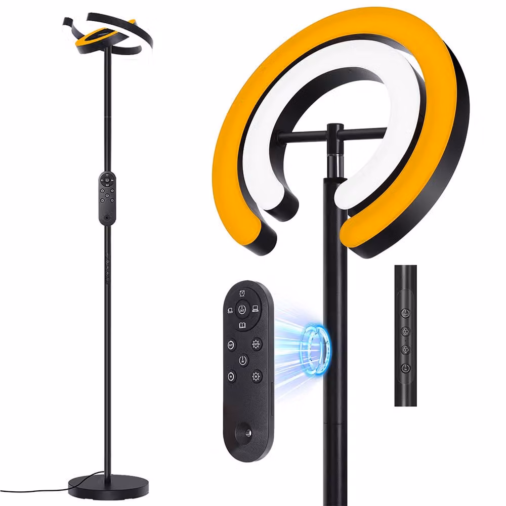 Lampada da terra a LED da 191,8 cm con telecomando magnetico e comando touch, 36 W (1900 K-6500 K), lampada da soffitto orientabile verso il basso, dimmerabile, con 2 anelli a C orientabili a 312°