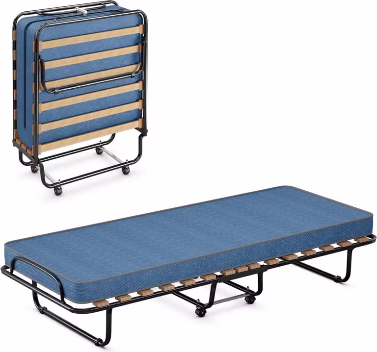 Letto per ospiti GOPLUS 80x190 cm, letto pieghevole con materasso, struttura in acciaio, letto singolo per adulti per ufficio e camera da letto (blu)