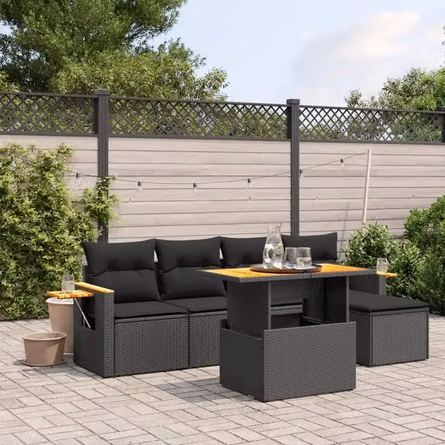 Set Divano da Giardino 6 pz con Cuscini Nero in Polyrattan 3273491