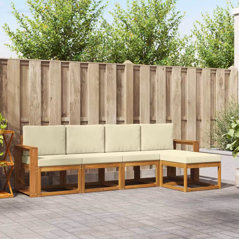 vidaXL Set di divani da esterno a L in legno di acacia con cuscini, marrone e beige