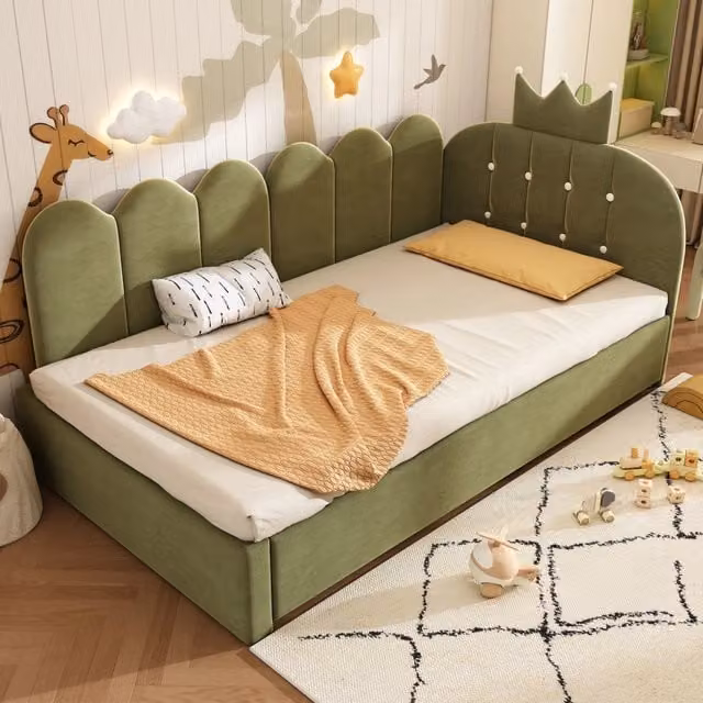 Divano letto con letto estraibile 90x200 cm in velluto verde; design a corona e griglia
