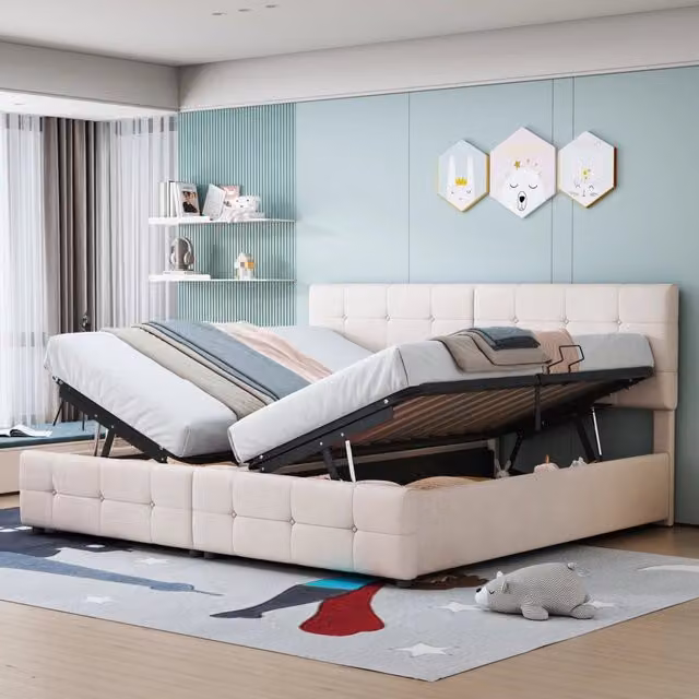 Letto con contenitore Mivray trasformabile in due letti singoli con testiera regolabile in velluto beige L/P: 180 x 200 cm