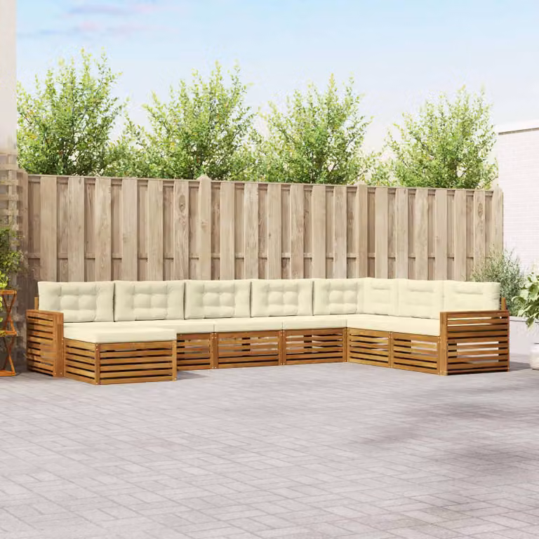 Set di divani da esterno vidaXL 8 pz in legno di acacia con cuscini beige e bianco per giardino e terrazza