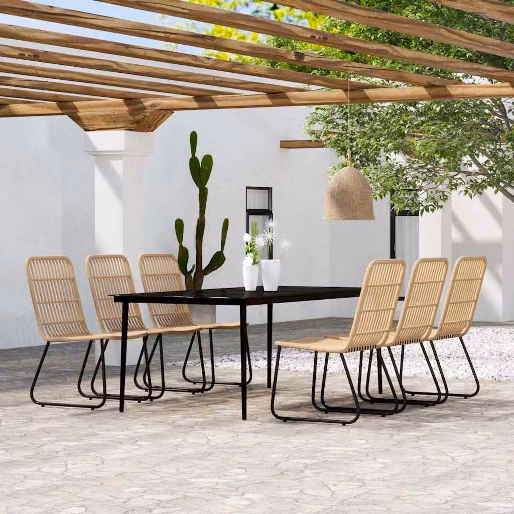 Set da pranzo da giardino vidaXL in metallo e vetro con 7 pezzi, colore nero e marrone