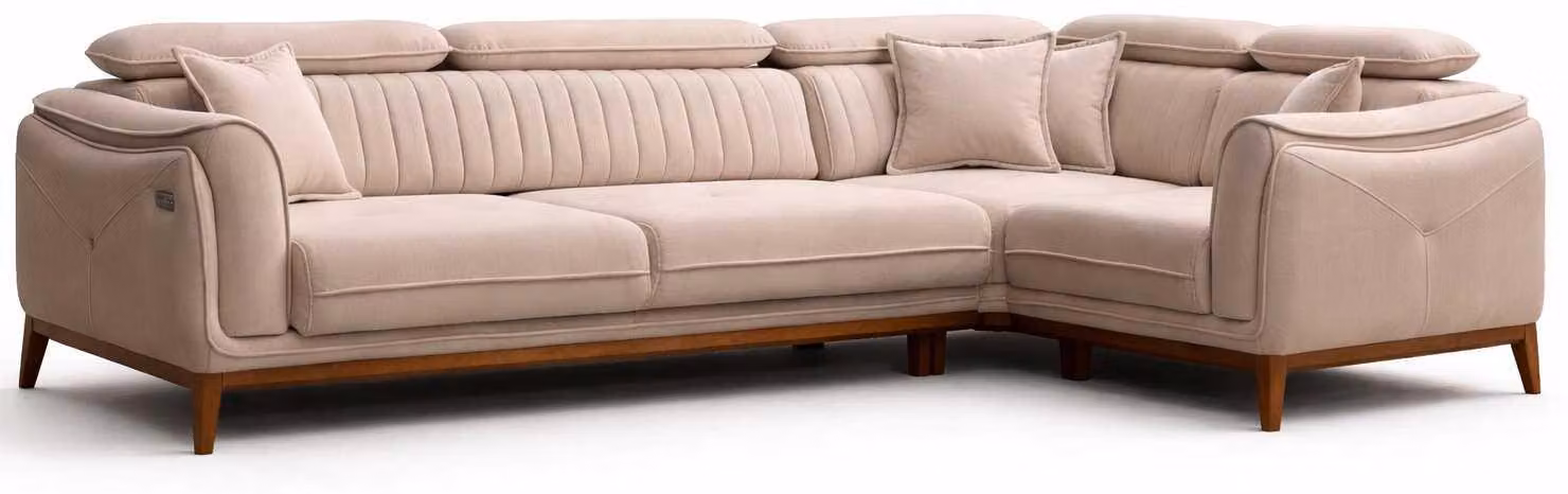 Divano ad L moderno beige, divano di design, elegante e confortevole, in tessuto