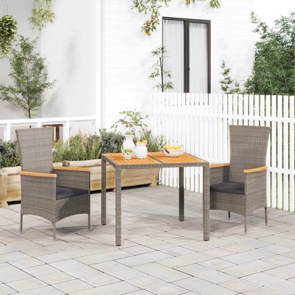 The Living Store Set da pranzo da giardino in 3 pezzi con cuscini in poly rattan grigio