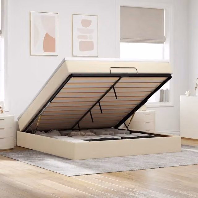 Letto con contenitore a sollevamento vidaXL in tessuto beige e bianco L/P/H: 160 x 200 x 23,5 cm