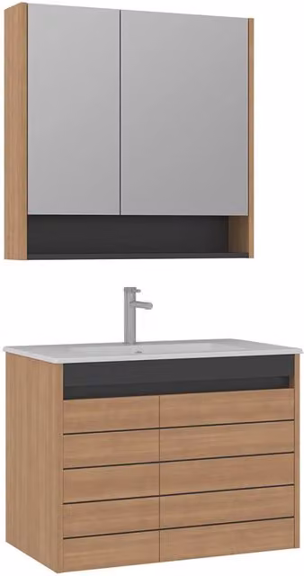 Set mobile lavabo con specchio (2 pezzi) "Ricato 80" - 81 x 47 x 62 cm - Rovere