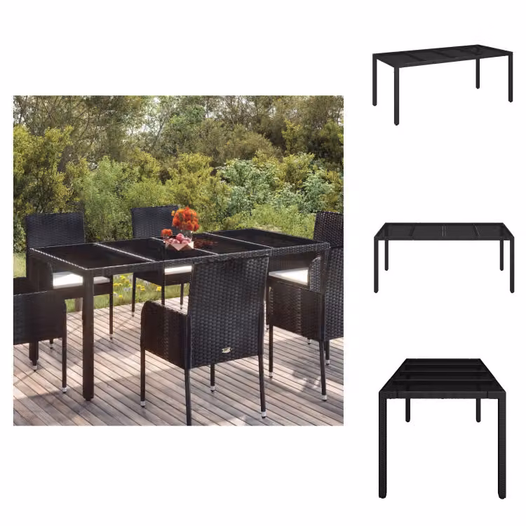 vidaXL Tavolo da giardino con piano in vetro nero 190x90x75 cm in poly rattan - Tavoli da giardino