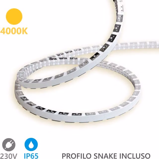 Alcapower Striscia LED Snake Flex 20m 230V 12W/m 4000K IP65 Luce Naturale Professionale in Silicone per Installazioni da Esterno ed Interno