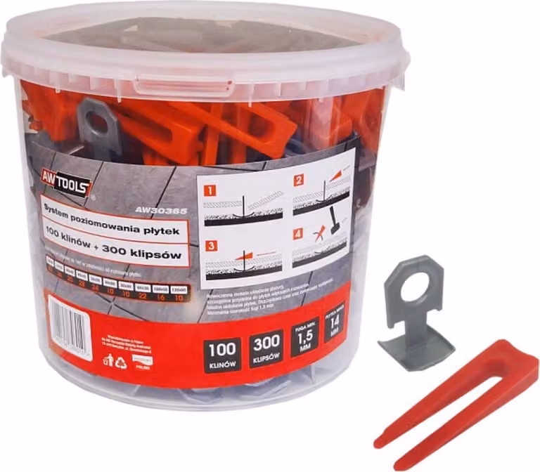 Awtools sistema di livellamento per piastrelle standard 1,5mm - 7-15mm - clip 300pz + cuneo 100pz