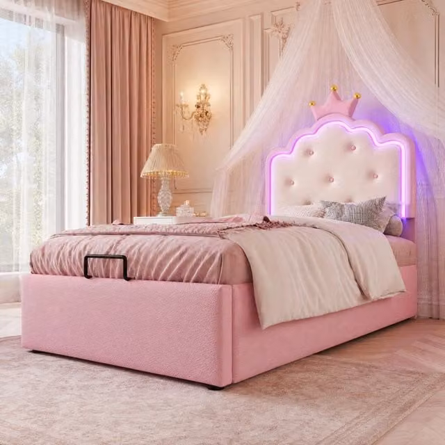 Letto imbottito ULEVR 90x200 cm con contenitore idraulico, LED con telecomando e rete a doghe, rosa