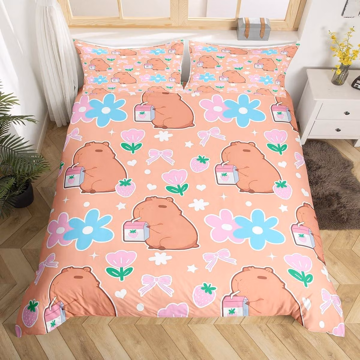 Set di lenzuola con copripiumino a tema "Capibara Kawaii" - Motivo a righe rosa e fiori blu
