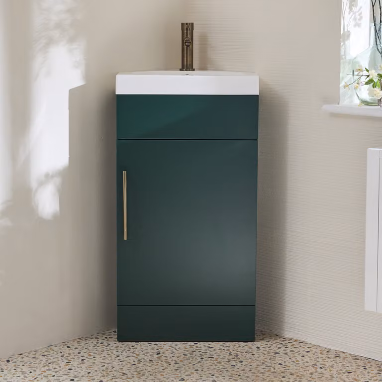 Mobile Bagno a Terra Angolare Verde Scuro da 450mm con Lavabo e Maniglia con Barra a T in Ottone Spazzolato - Cluo