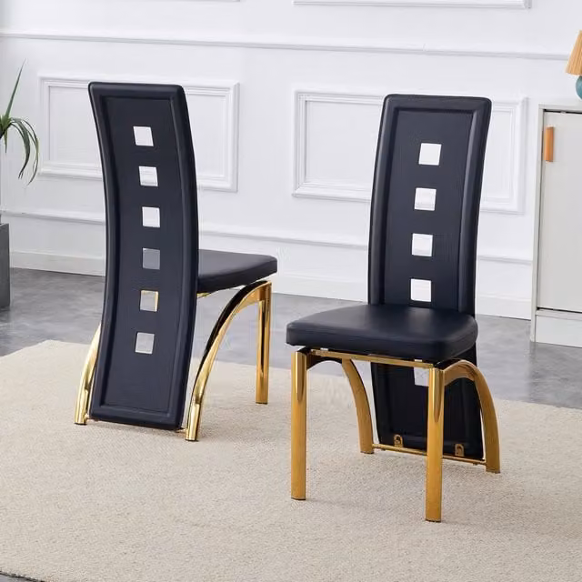 Set di 2 Sedie da Pranzo Design MINIMAL con Schienale Traforato in Ecopelle Nera e Gambe in Metallo Oro