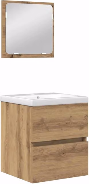 Set di mobili per il bagno moderno composto da mobile lavabo e armadietto specchio in legno color rovere e bianco, sospesi, L/P/H: 76,7 x 45 x 42 cm