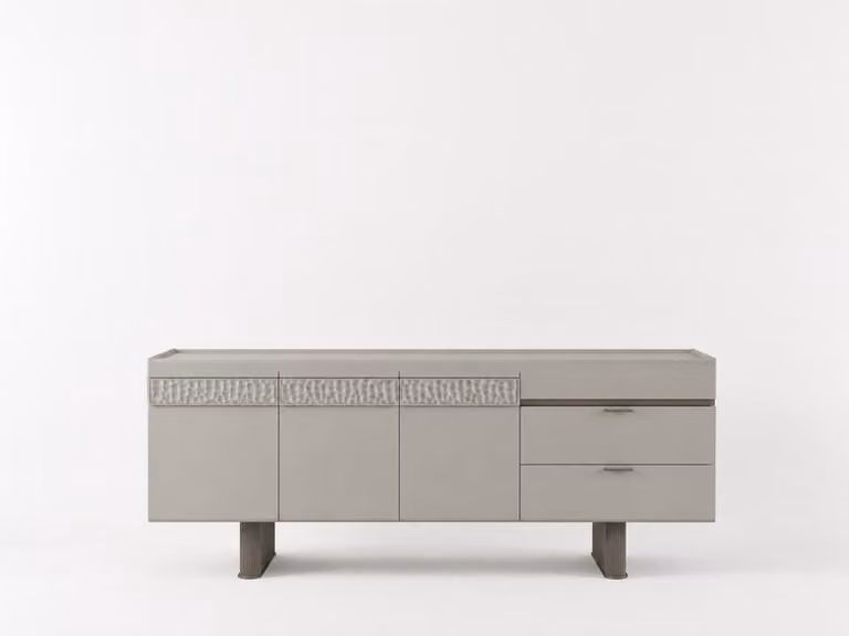 Comodino moderno beige con ante e cassetti, ideale per il soggiorno