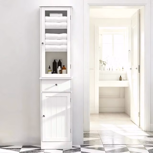 Mobile colonna bagno moderno WISHDOR bianco con ante e cassetto in MDF e metallo, L: 27 cm, P: 27 cm, H: 171,5 cm – 1