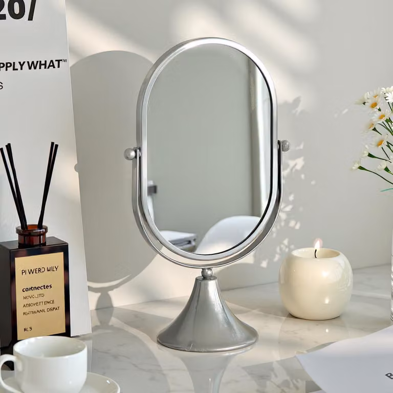 Specchio ovale da trucco autoportante con piedistallo, color argento