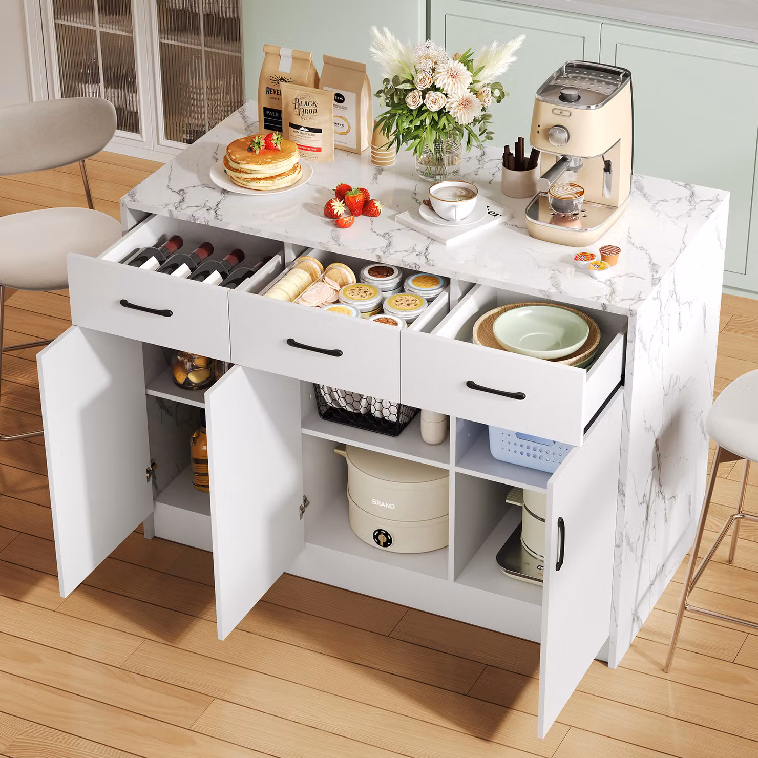 MODFU Mobile da cucina, isola da cucina, 120 x 60 x 90,5 cm, credenza, mobile contenitore, 3 cassetti e 3 ante, ripiano regolabile, per utensili da cucina, bianco