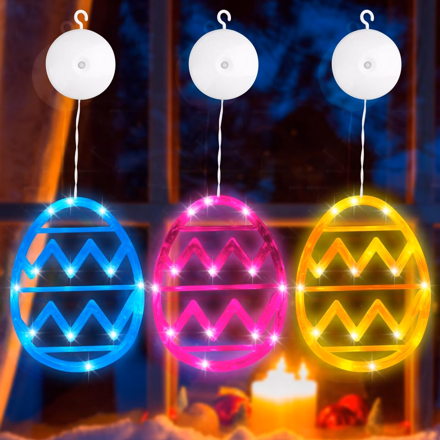Set di 3 luci a LED a forma di uovo di Pasqua, colorate, con ventosa