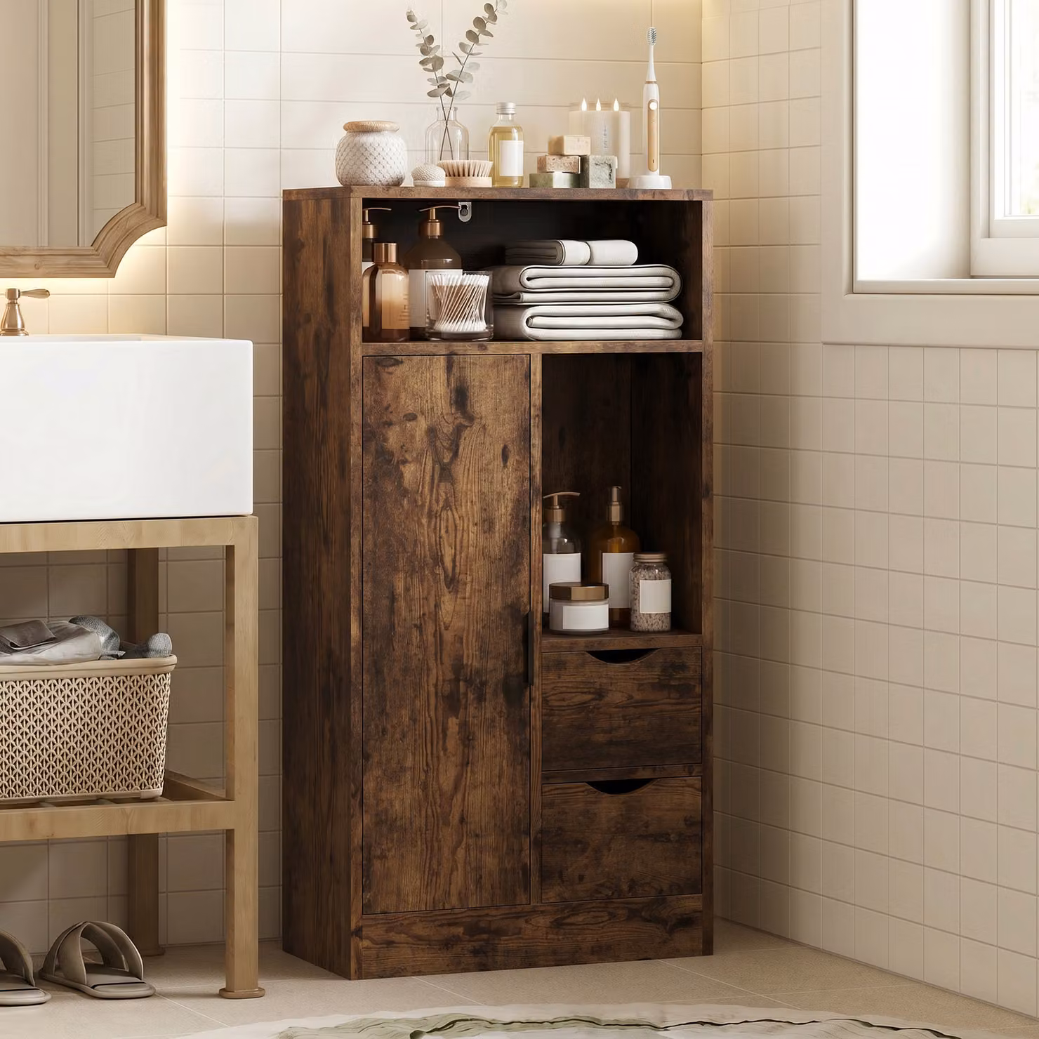 Mobiletto da bagno slim HOMCOM con cassetti e scomparti aperti, marrone rustico – 2