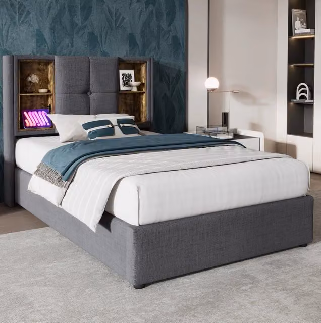 Letto singolo 90x200 cm con contenitore; ricarica wireless e porta USB C; cotone grigio