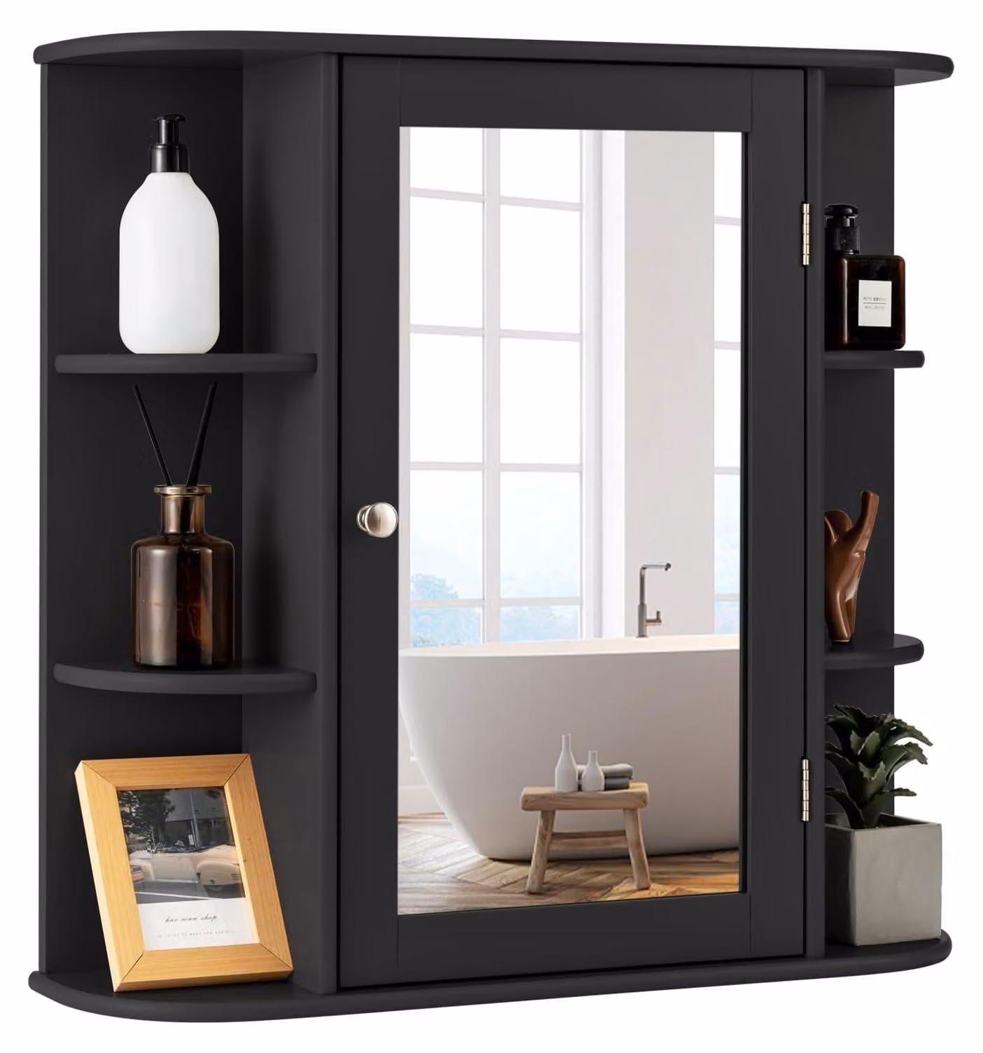 Specchio da bagno, 66x17x63 cm, nero, con 4 scomparti e 6 ripiani