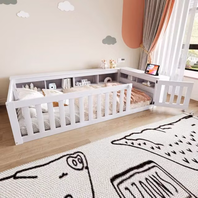 Letto per bambini singolo 90 × 200 cm con barriere, porta e vani portaoggetti, senza materasso, bianco