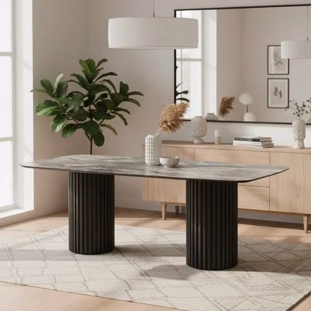 Tavolo rettangolare fisso piano nero arabesque e basi in legno cannettati Oslo 200x100x76H