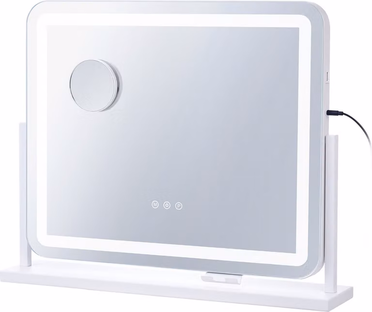 SucceBuy specchio per il trucco con illuminazione - 21,7 x 17,7 pollici, bianco. Tre modalità di illuminazione a colori, ingrandimento 5x, connessione USB e controllo touch intelligente. rotazione a 360° per una visione perfetta.