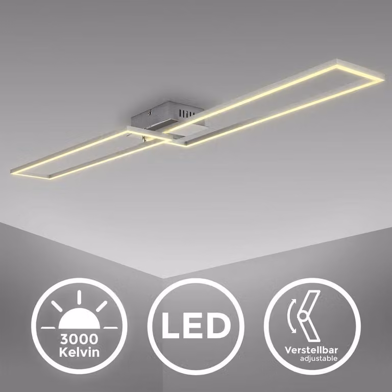 B.K.Licht Plafoniera LED da 40W, luce calda 3000K, 1 cornice orientabile, lampada da soffitto per ufficio?Frame?, colore cromato-alluminio spazzolato