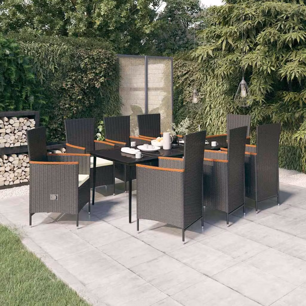 Set da pranzo da giardino vidaXL in polyrattan nero con cuscini e tavolo in vetro e legno di acacia, 9 pezzi