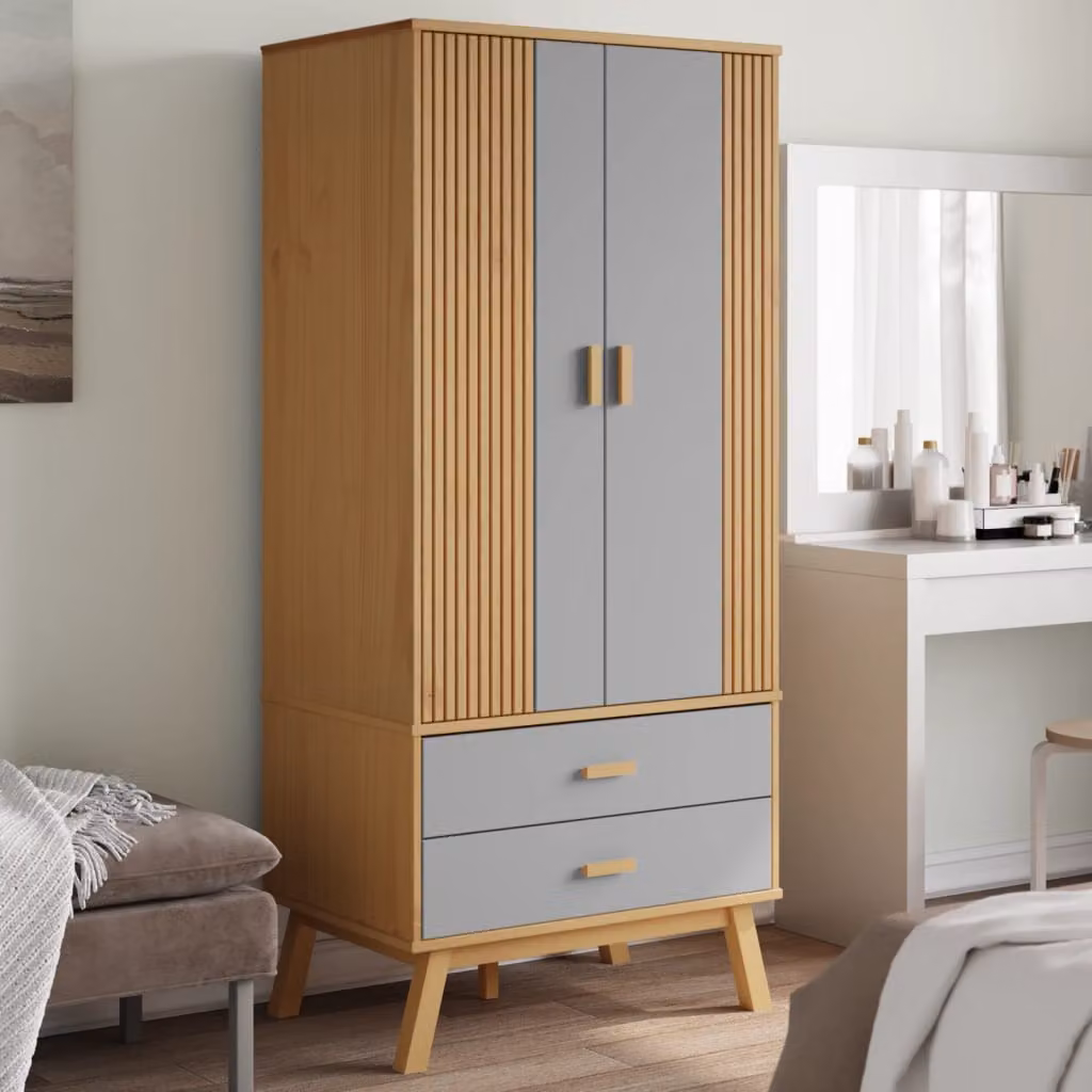 Armadio OLDEN vidaXL in legno di pino massello, Grigio e Marrone, L: 76,5 cm, P: 53 cm, H: 172 cm