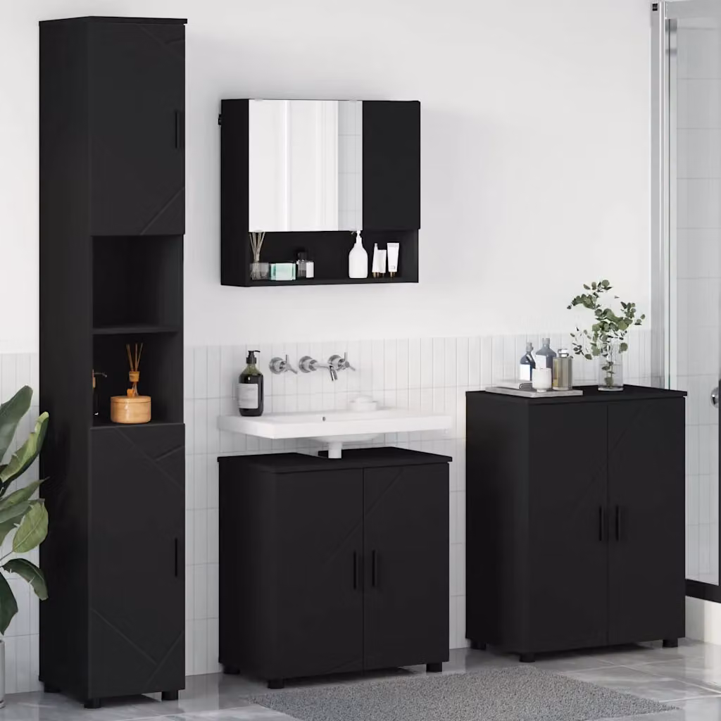 Set di mobili per il bagno moderno vidaXL in 4 pezzi nero opaco con mobile lavabo, armadietto con specchio, colonna alta e mobile laterale L/P/H: 61 x 35 x 64 cm