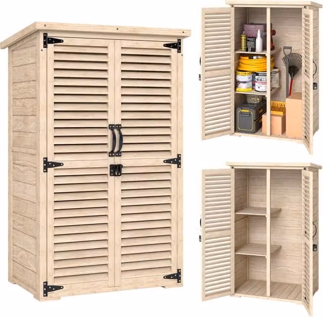 Armadio da Giardino in Legno Porta Attrezzi con Tetto Bitumato e 2 Ripiani Casetta per Esterno e Terrazzo 75 x 50 x 118 cm
