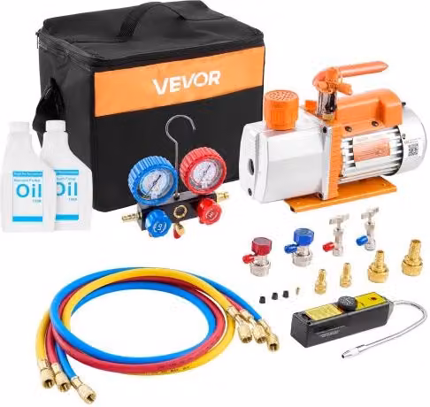 VEVOR Kit Pompa per Vuoto e Manometro 7 CFM 198 L/min con Pompa a Palette Rotanti a 2 Stadi per Aria Condizionata e Borsa per Trasporto Multicolore