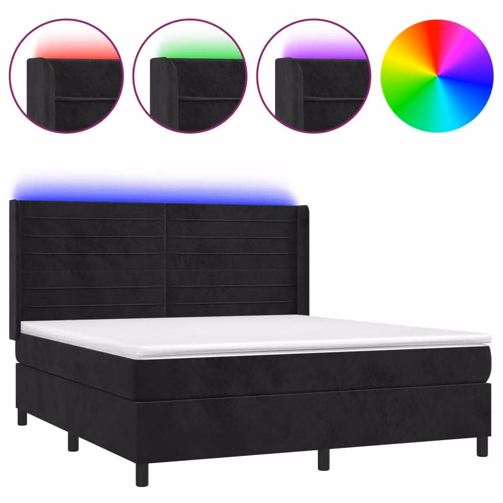 Letto a Molle con Materasso e LED Nero 160x200 cm in Velluto