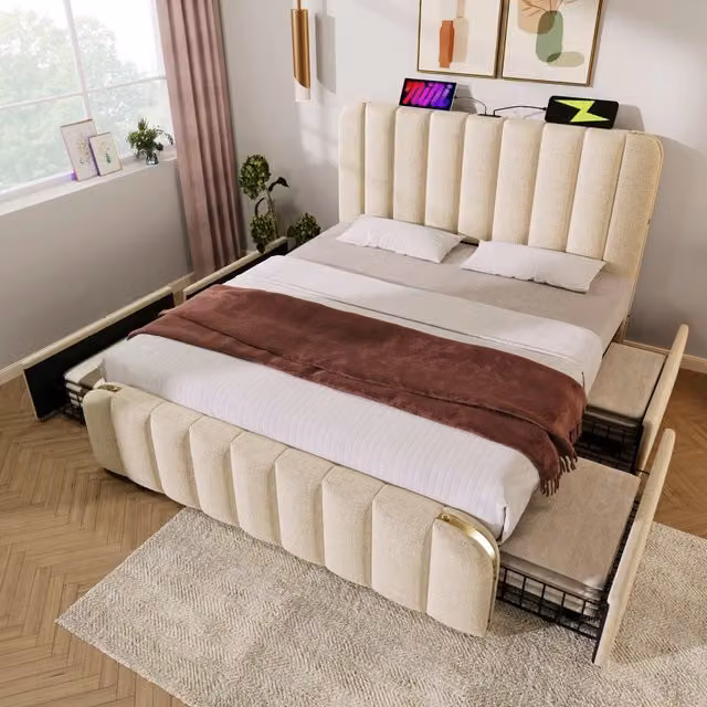 Letto per adulti imbottito 140x190 cm con USB e Type-C; 4 cassetti; struttura in lino beige e metallo