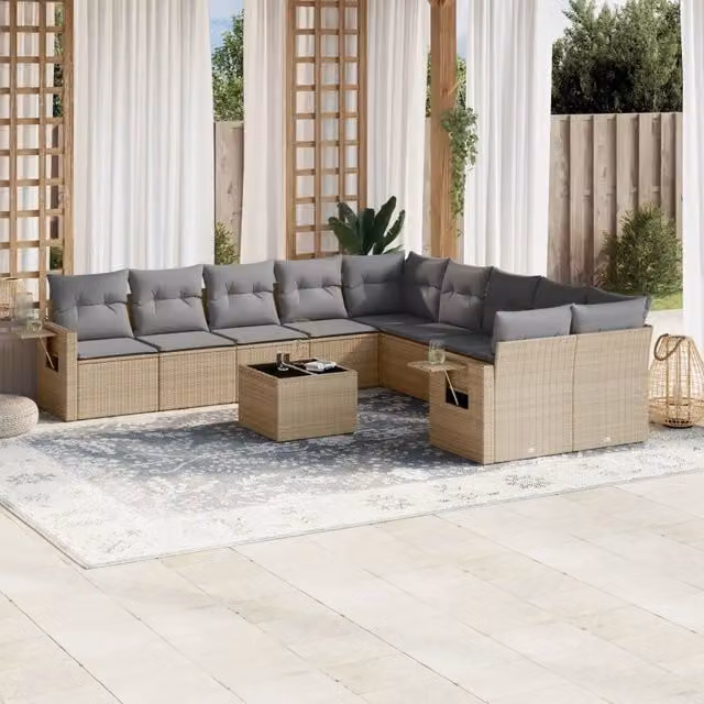vidaXL Set Divani da Giardino 11 pz a Forma a U in Polyrattan con Cuscini Beige e Tavolino da Esterno – 1